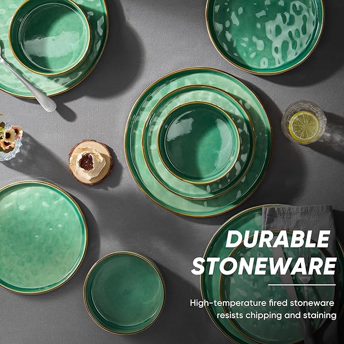 E-far 16-Piece Plates and Bowls Sets with Pasta Bowls - Stoneware Dinnerware Set for 4, Modern Ribbed Dishes, Microwave & Dishwasher Safe, Reactive Green