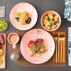 LOVECASA Pink Dinnerware Set for 4, 16 Piece Porcelain Dish With Plates, Bowls and Mugs, Gold Splash Glaze Round Modern Ceramic Dinner Set, Dishwasher Microwave Safe