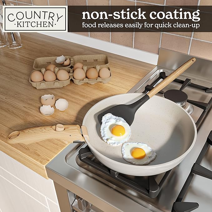 Country Kitchen Cookware Set with Removable Handle, Oven & RV Safe Pots and Pans Set, Cream Gold Speckle Wood Handle, Original