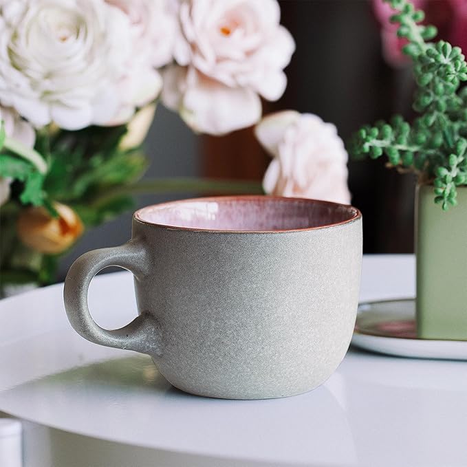 BTaT- Porcelain Coffee Mugs Set, 14 oz (415 ml), 6 Pack, Ceramic Coffee Mugs, Matte White Outside and Colorful Inside, Restaurant Cups for Tea, Cappuccino, Cocoa, Cereal, Mug Gift Set, Dishwasher Safe