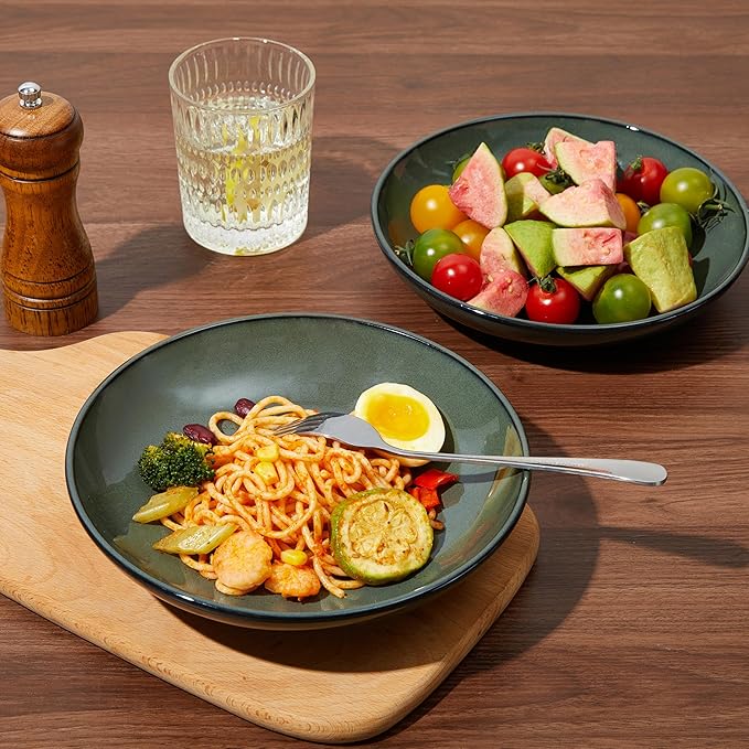 Pokini Pasta Bowls Set of 4, Reactive Glaze Salad Bowl 30 oz, Microwave & Dishwasher Safe, Large Wide Serving Bowls for Fruit/Soup/Noodle/Dessert, Blackish Green