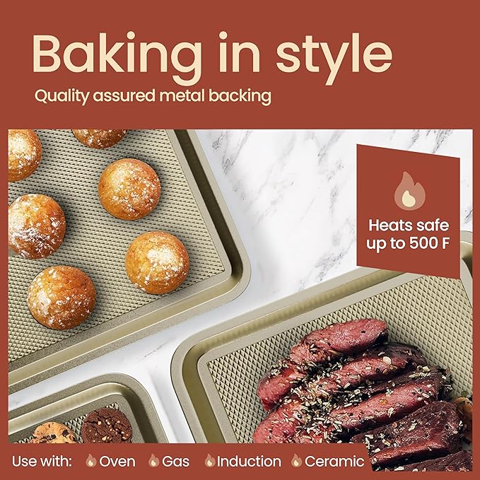 Diamond Bottom Cookie Sheet Set of 2, Nonstick Gold Carbon Steel Baking Pans for Crisp Baking, Space-Saving Stackable Trays, PFOA, PFOS, PTFE Free, Oven Safe Up to 450°F, Small & Medium Pans