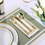 FOCUSLINE 350 Ct Disposable Dinnerware Set for 50 Guests -Heavy Duty Plastic Plates with Gold Rim, Includes 50 Dinner & Salad Plates, Cups, Napkins, Cutlery Set