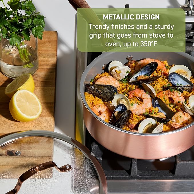 T-Fal Preserve Ceramic Nonstick Frying Pan 2-Pc Set, 8.5" & 11", Oven Broiler Safe up to 350°F Cookware, InoCeram Glide Technology, Skillet, Pots & Pans, Rose Gold