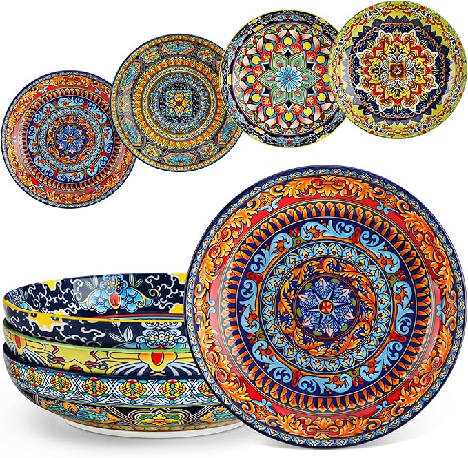 vancasso Pasta Bowls Set of 4, Ceramic Salad Serving Bowls, 42Oz Large Pasta Bowls, 8.7 in Colorful Bowl Plates for Soup, Bohemian Shallow Bowls for Kitchen, Microwave & Dishwasher Safe