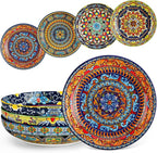 vancasso Pasta Bowls Set of 4, Ceramic Salad Serving Bowls, 42Oz Large Pasta Bowls, 8.7 in Colorful Bowl Plates for Soup, Bohemian Shallow Bowls for Kitchen, Microwave & Dishwasher Safe