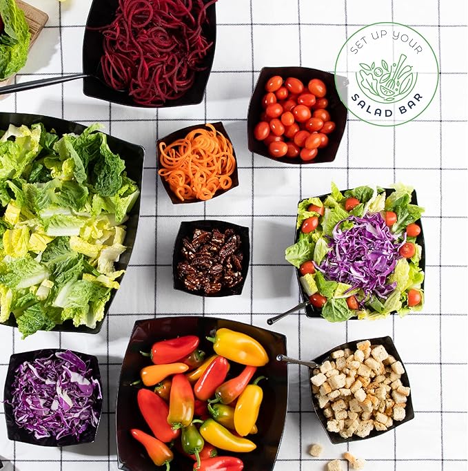 PLASTICPRO Disposable Square Serving Bowls, Party Snack or Salad Bowl, Plastic Black Pack of 4, 32 OUNCE, Black
