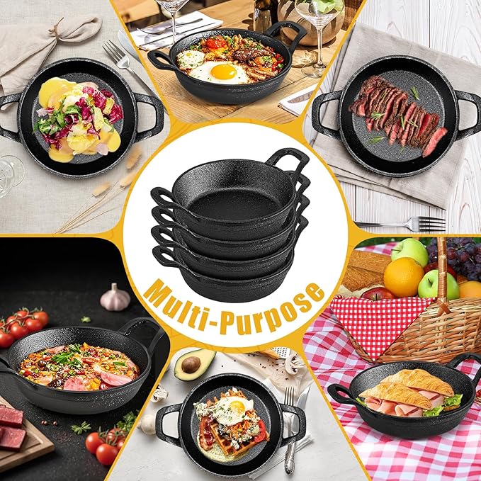 4Pack Mini Cast Iron Skillets, 6.3 x 6.3 x 1.5 Inch Frying Pan, Black Small Skillet, Cast Iron Pan with Handle, Mini Casserole Dish Skillets for Kitchen Baking Cooking Indoor Outdoor