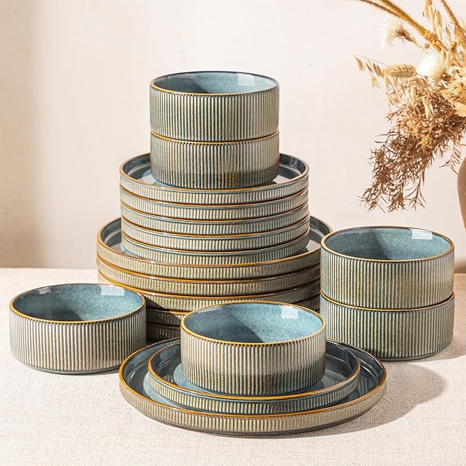GBHOME 18-Piece Stoneware Dinnerware Set for 6 – Ribbed Ceramic Plates and Bowls, Scratch-Resistant, Microwave & Dishwasher Safe, Reactive Glaze, Reactive Glaze Teal