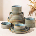 GBHOME 18-Piece Stoneware Dinnerware Set for 6 – Ribbed Ceramic Plates and Bowls, Scratch-Resistant, Microwave & Dishwasher Safe, Reactive Glaze, Reactive Glaze Teal