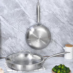 LOLYKITCH 8.5-10 Inch Tri-ply Stainless Steel Frying Pan Set with Lid,Skillets,Induction Cookware,Dishwasher and Oven Safe