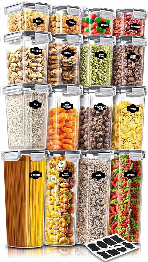 KICHLY Airtight Food Storage Containers With Lids (16 Pack) - Pantry Organizers - Pantry Storage - For Cereal & More
