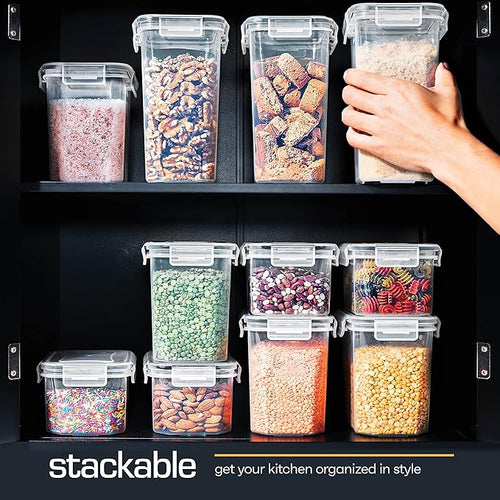 14 PCS Airtight Food Storage Containers with Lids set, BPA Free Leak-proof Kitchen and Pantry Organization Canisters for Cereal, Pasta, Dry Food, Flour Sugar, Stackable, Free Label, Marker, Scoop