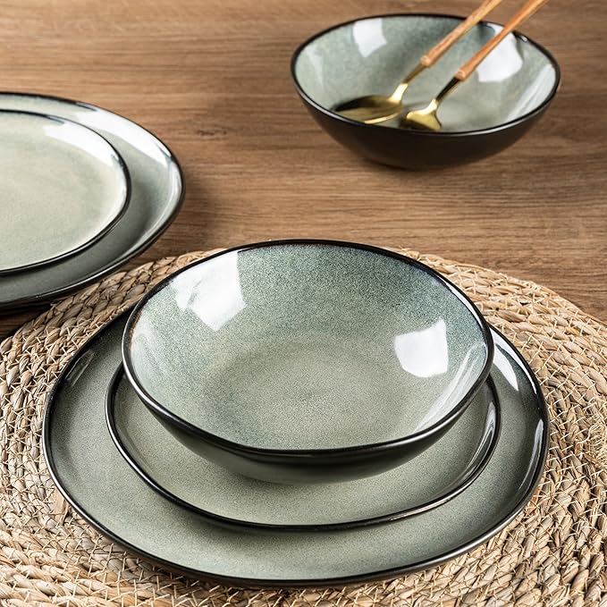 AmorArc Ceramic Dinnerware Sets,Handmade Reactive Glaze Stoneware Plates and Bowls Sets,Highly Scratch Resistant | Dishwasher & Microwave Safe Dishes Set,Service for 4 (12pc)