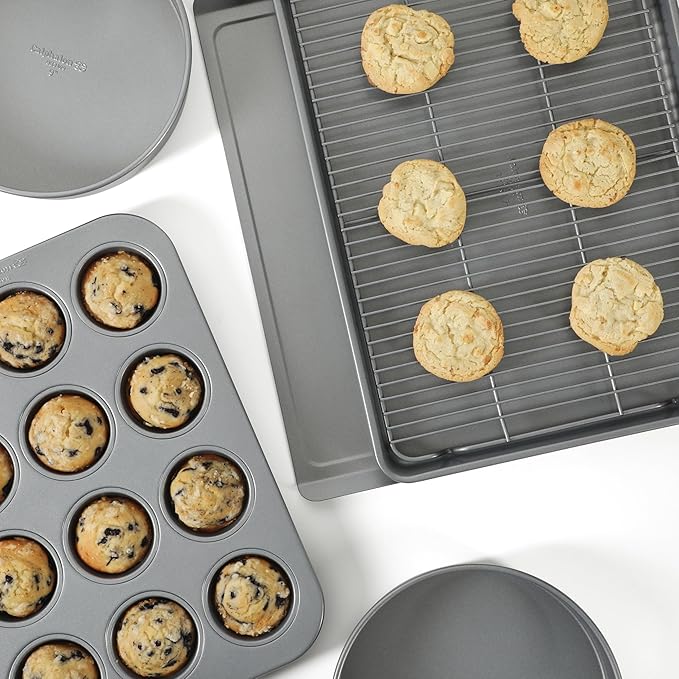 Calphalon Titan 10-Piece Nonstick Bakeware Set, Steel Core PFA-Free Nonstick Coating, Oven Safe, Includes Sheet Pans, Muffin Pan, Round Cake Pans, Loaf Pan and Cooling Rack, Silver