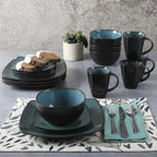 Gibson Elite Soho Lounge 16-Piece Reactive Glaze Dinnerware Set – Teal and Black Tutone Stoneware Plates and Bowls