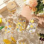 Mumufy 4 Pack Glass Cup with Bamboo Lid & Straw, 16 oz Iced Coffee Tumbler Set of 4, Honey Bee Floral Glass Cups, Reusable Clear Drinking Glasses for Iced Coffee, Tea, Smoothies, Gift for Women