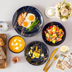 LOVECASA Plates and Bowls Sets for 6, 24 Pieces Porcelain Dinnerware Sets, Dark Blue and Gold Dish Set Gold Splash Dishware Sets, Dishwasher Microwave Safe