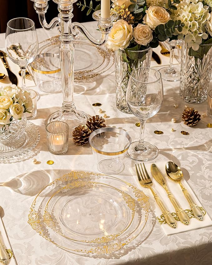 Morejoy 175PCS Clear and Gold Plastic Plates - Clear Plastic Dinnerware Set Include 25Dinner Plates, 25Dessert Plates 75Cutlery, 25Cups, 25Napkin Perfect for Party & Wedding