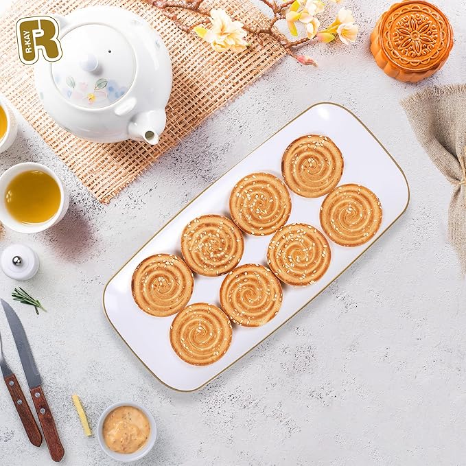 R-kay 4 Pack Gold Rim Plastic Serving Trays - 10 by 5.5 in Heavy Duty Rectangular Platters for Food and Desserts - Premium White Party Trays