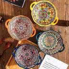 2 Pack Boho Ceramic Serving Bowls with Handles, 40 Oz Porcelain Salad Bowls, Large Serving Dishes for Entertaining, Mixing Bowls for Soup, Stew, Pasta, Cereal, Colorful Embossed Cute Bowls Set MLKS