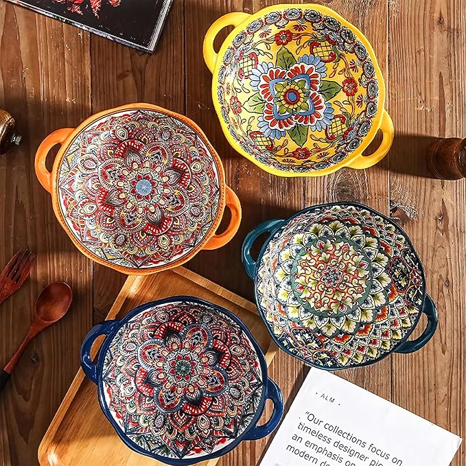 XKXKKE 5 Pack Boho Ceramic Serving Bowls with Handles, 40 Oz Porcelain Salad Bowls, Large Serving Dishes for Entertaining, Mixing Bowls for Soup, Stew, Pasta, Cereal, Colorful Embossed Cute Bowls Set