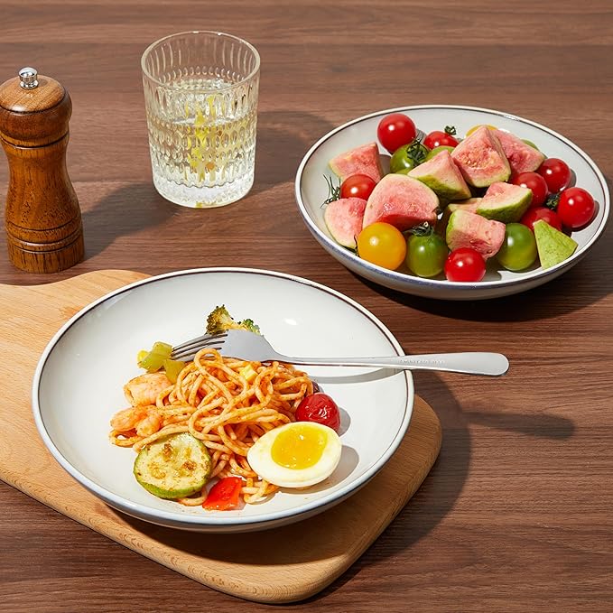 Pokini Pasta Bowls 30 oz, Terracotta Ceramic Plate Bowls for Kitchen, Microwave & Dishwasher Safe, Large Wide Serving Bowls for Salad/Soup/Noodle/Dessert, Moonstone White