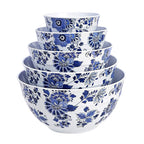 Amazon Basics Nesting Melamine Mixing Bowls with Lids and Non-Slip Base, Dishwasher Safe, Space Saving, 5 Sizes, Blue and White Floral, Set of 10