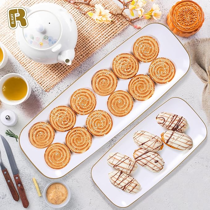 R-kay 4 Pack Plastic Serving Trays - White & Gold - 17 x 6.5 in - Heavy Duty Dessert Trays - Rectangular Party Platters