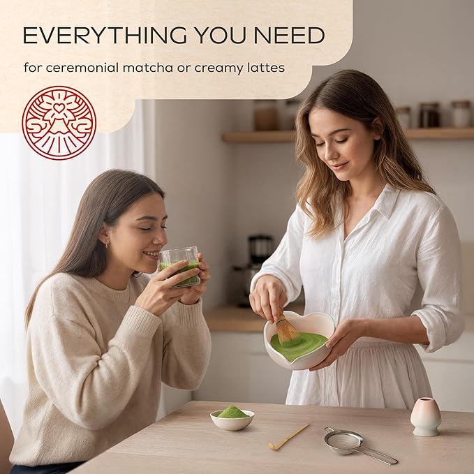 Rehny’s Matcha Whisk Set | Complete Pink Matcha Set w/Heart-Shaped Bowl, Bamboo Whisk, Holder, Stainless Steel Sifter, Bamboo Scoop | Cute Gift Present Macha Kit Handmade Bowl | Macha Powder Tea Kit