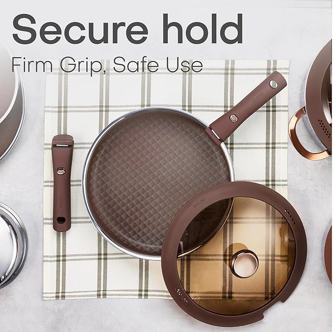 CAROTE 22PCS Stainless Steel Cookware Set with Detachable Handle, Ceramic Hybrid Nonstick Pots and Pans Set, Stackable Kitchen Cookware Set, Induction Safe, Oven Safe, Brown
