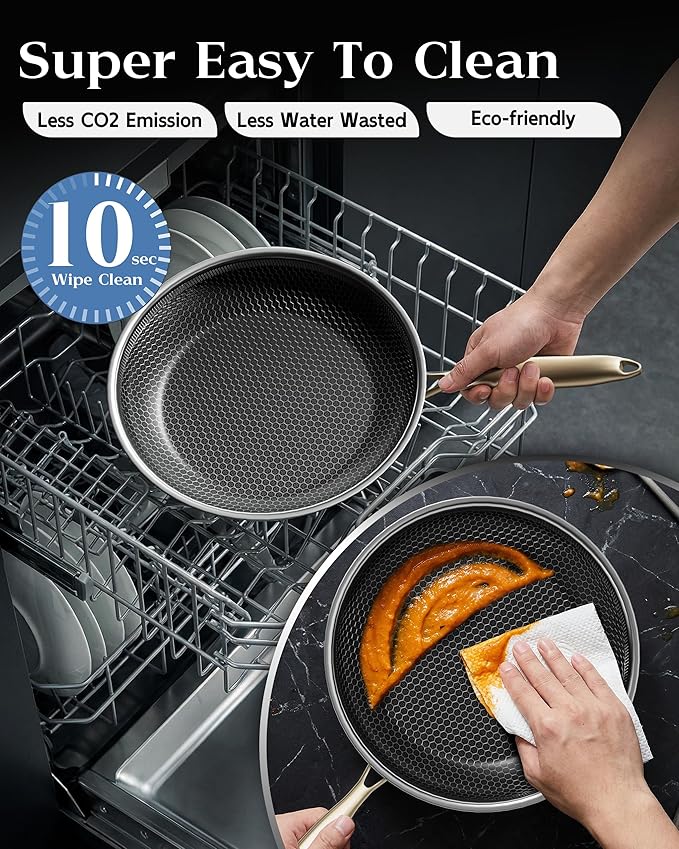 Honeycomb Stainless Steel Nonstick Frying Pan with Lid 12 Inch, Induction Cooktop Compatible Skillet, PFOA-Free Scratch-Proof, Dishwasher & Oven Safe, Stay-Cool Handle, Gold Kitchen Cookware