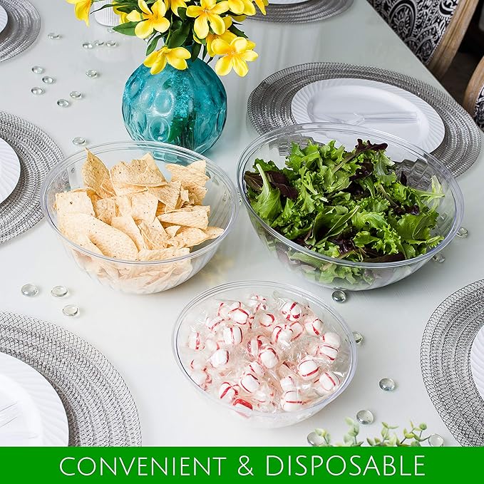PLASTICPRO Disposable Combo Set of Salad Bowl Includes 4, 48 Ounce 4, 96 oz 4, 150 Ounce Round Crystal Clear Plastic Serving Bowl