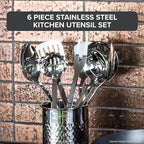 Viking Kitchen Utensils Set, 6 Piece Stainless Steel Cooking Utensil Set, Includes Spatulas, Spoons, Pasta Fork, and Deep Ladle, Hollow Forged, Silver