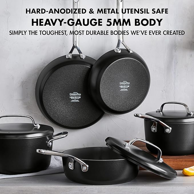 GreenPan GP5 Hard Anodized Healthy Ceramic Nonstick 14 Piece Cookware Pots & Pans Set,Heavy Gauge Scratch Resistant, Stay Flat Surface,Induction, Mirror Finish Handle,Oven Safe, PFAS-Free, Black