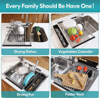 JASIWAY Roll Up Dish Drying Rack, Expandable (12.8"-23.8" D x 12.8" W) Stainless Steel Portable Over The Sink Dish Drainer for Kitchen Sink Counter, Foldable Sink Cover with Removable Utensil Holder