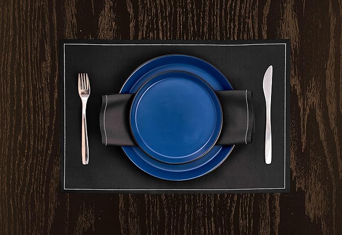 Stone Lain Albie Stoneware 16-Piece Modern Dinnerware Set, Kitchen Plates and Bowls Sets, Service for 4, Blue and Black, Microwave & Dishwasher Safe