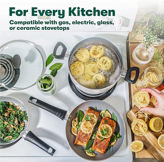 BELLA Cookware Set, 12 Piece Pots and Pans with Utensils, Nonstick PFOA Free Scratch Resistant Cooking Surface Compatible with All Stoves, Nylon and Aluminum, Cream