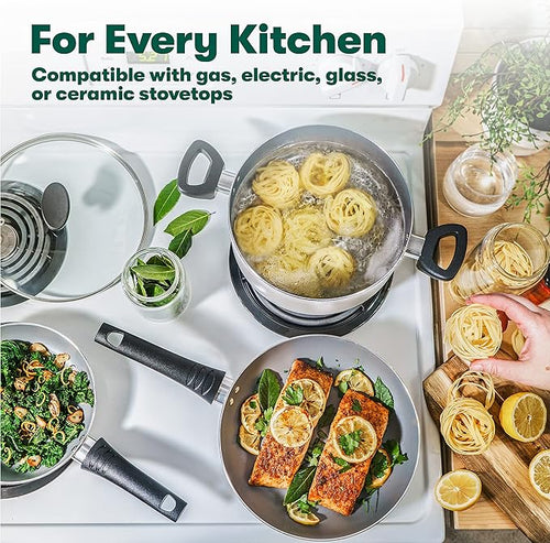 BELLA Cookware Set, 12 Piece Pots and Pans with Utensils, Nonstick PFOA Free Scratch Resistant Cooking Surface Compatible with All Stoves, Nylon and Aluminum, Cream