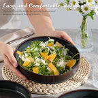 E-far Pasta Bowls Set of 6, 35oz Large Salad Bowl Plate for Dinner Serving, Wide & Shallow Ceramic Stoneware Pasta Plates, Microwave & Dishwasher Safe, Reactive Glaze Textured Stripes, Blackish Green