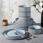GBHOME 12-Piece Stoneware Dinnerware Set for 4 – Ribbed Ceramic Plates and Bowls, Scratch-Resistant, Microwave & Dishwasher Safe, Reactive Glaze, Deep Tidal Blue