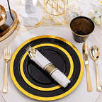 YOUBET 350PCS Black and Gold Plastic Plates - Gold Disposable Dinnerware Sets for 50 Guests - 100 Plastic Plates, 150 Gold Silverware, 50 Cups, 50 Pre Rolled Napkins for Party & Wedding Graduation