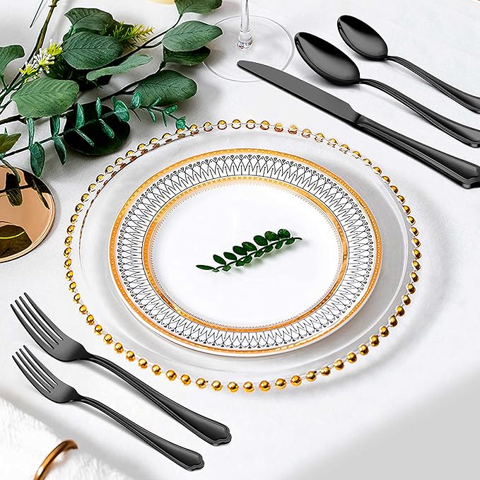 Herogo 40-Piece Black Silverware Set with Scalloped Edge, Stainless Steel Flatware Cutlery Set for 8, Modern Tableware Eating Utensils, Dishwasher Safe, Mirror Polished