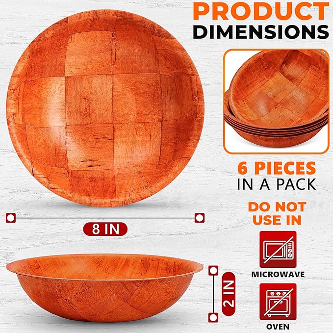 6 Pack Wooden Salad Bowls - 8"Wx2"H Holiday Wooden Salad Bowl Set for Pasta, Fruit or Side Dishes, Glossy & Easy to Clean Surface, for Party Dinners, Brunches, Weddings, Great Mothers Day Table Decor