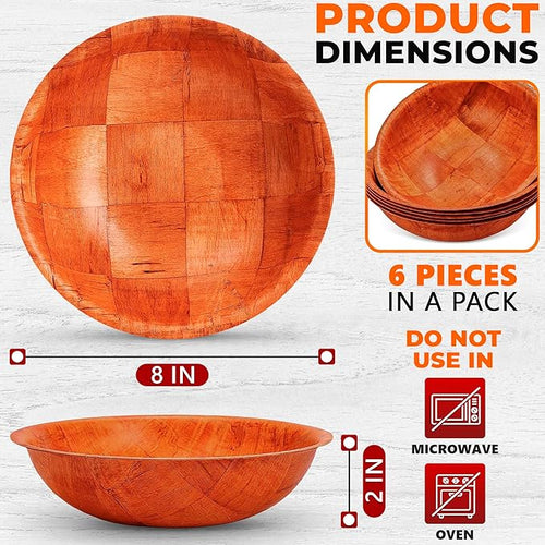 6 Pack Wooden Salad Bowls - 8"Wx2"H Holiday Wooden Salad Bowl Set for Pasta, Fruit or Side Dishes, Glossy & Easy to Clean Surface, for Party Dinners, Brunches, Weddings, Great Mothers Day Table Decor