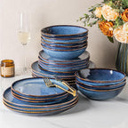 GBHOME Stoneware Dinnerware Sets for 8, 24 Pieces Rustic Ceramic Plates and Bowls Set, Handmade Reactive Glaze Plate Sets, Highly Chip Resistant Dishes, Microwave & Dishwasher Safe, Sea Blue