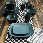 Gibson Elite Soho Lounge 16-Piece Reactive Glaze Dinnerware Set – Teal and Black Tutone Stoneware Plates and Bowls