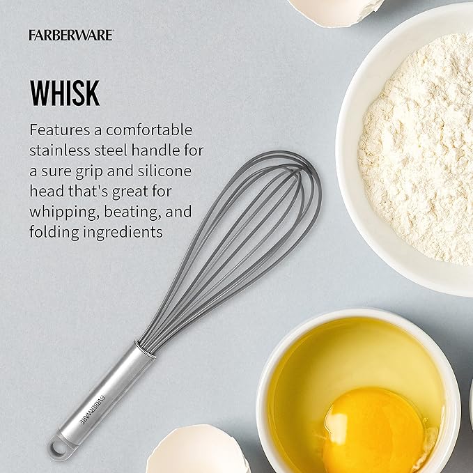 Farberware Professional 2 Piece Baking Set with Stainless Steel Wire Whisk and Stanless Steel Handle, Grey Silicone Head Spatulas For Beating, Blending, Mixing, and Scraping