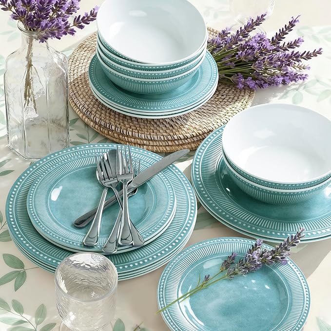 AELS Melamine Dinnerware Set of 18 Pcs, Dinner Dishes Set for Indoor and Outdoor Use, Melamine Plates and Bowls Set for 6, Dishwasher Safe, Lightweight Unbreakable, BPA Free, Green