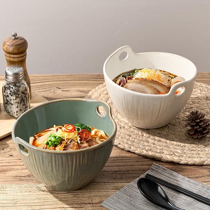 Ramen Bowl with Chopsticks and Spoons Set, 7 Inch Ceramic Noodle Bowl Set of 2, Dishwasher Safe for Pho Udon Soba Noodle Salad Pasta, Special Reactive Glazed White Bowls Set